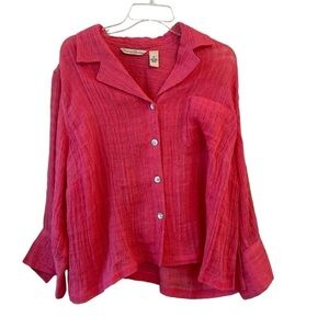 French Laundry Salmon Pink Coral Button Down Shirt Boxy Notched Collar 1X Linen